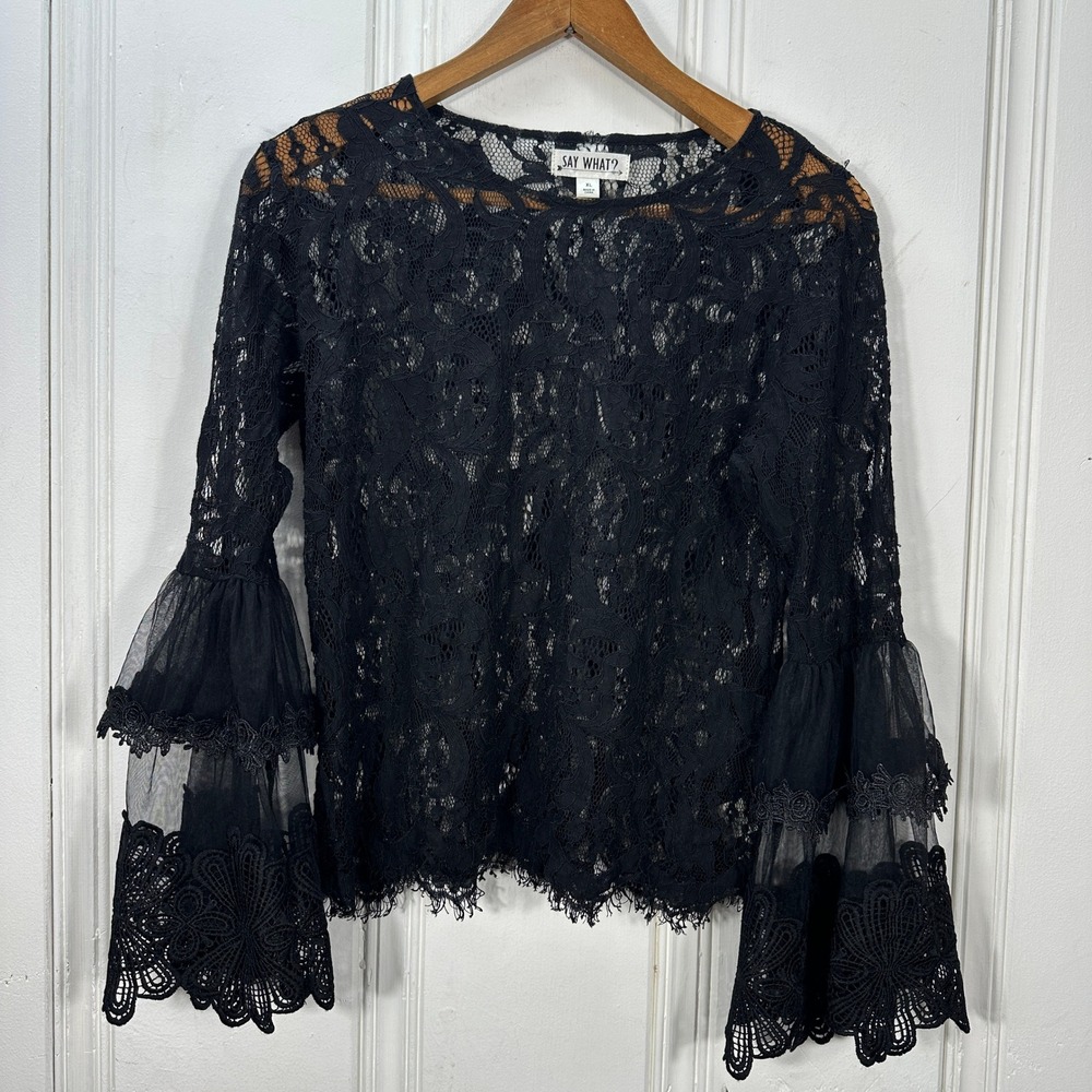 Say What? Black Lace Blouse XL Sheer Bell Sleeve Floral Crochet Gothic Boho